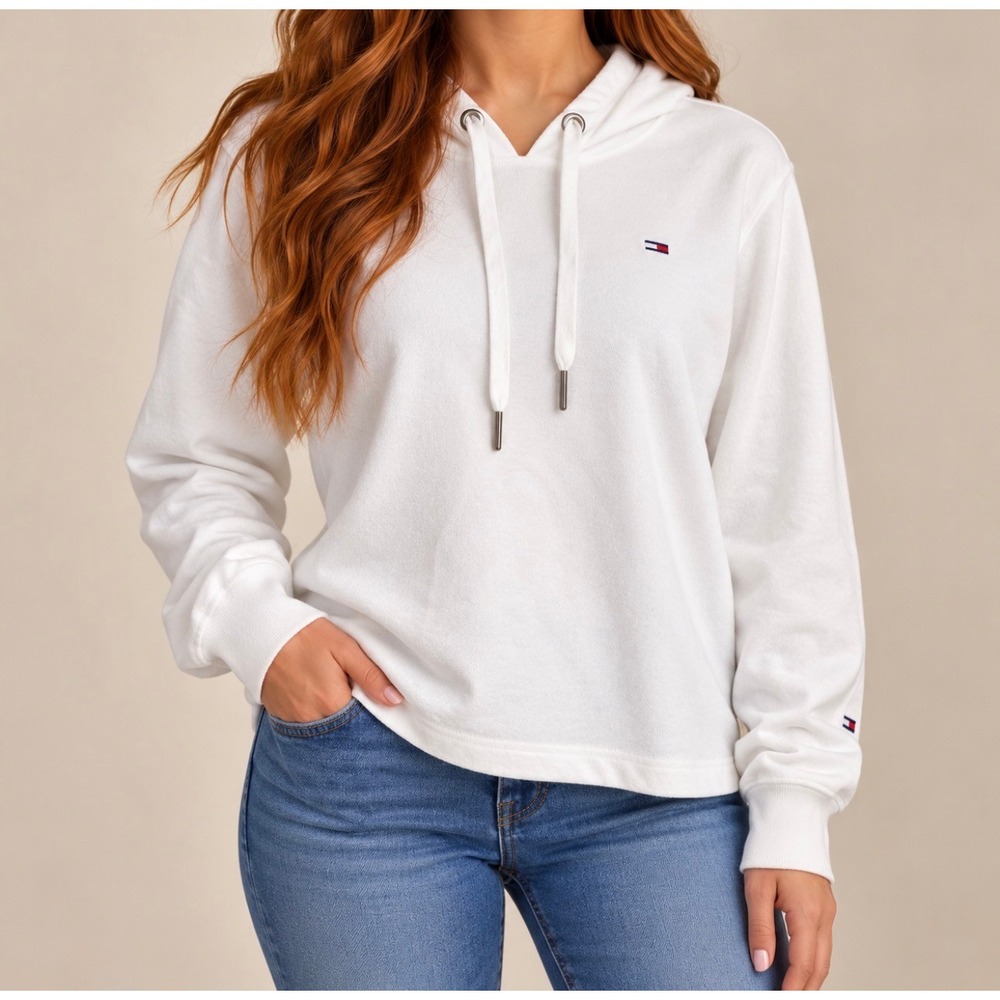 Tommy Jeans Hoodie M White Good Embroidered Logo Sleeve Graphic Sweatshirt